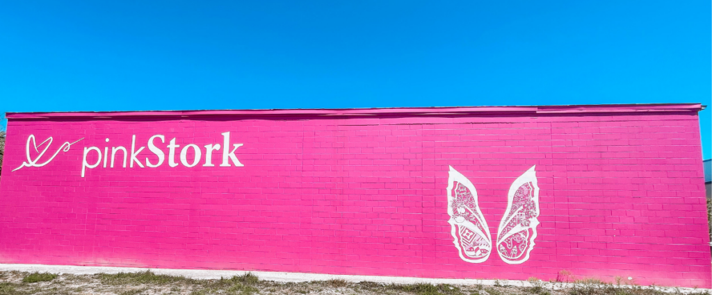 instagrammable pink stork mural